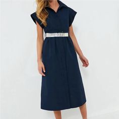 Elegant In Its Simplicity, The Structured And Ultra-Ladylike Chloe Dress Is Done In A Textured Cotton-Blend Fabric That Is Sure To Turn Heads For Its Design Details. The Moire Pattern Throughout And Trapunto Stitching On The Sleeves, Placket, And Hemline Complete This Midi Moment, Making It Feel Extra Special With Minimal Effort. Pair With Heels Or Flats, Sunnies Or Statement Earrings, For Day Or Night, And Rest Assured That You Look Fabulous! Spread Collar Short Wing Sleeves Button Front Placke Chic Blue A-line Shirt Dress, Elegant Blue A-line Shirt Dress, Blue Knee-length Belted Summer Dress, Elegant Maxi Shirt Dress For Dress Down Occasions, Elegant Maxi Shirt Dress For Casual Occasions, Elegant Sleeveless Belted Dress For Daywear, Summer Evening Midi Shirt Dress, Elegant Navy Shirt Dress For Summer, Elegant Navy Shirt Dress For Spring