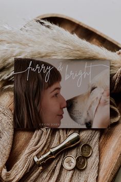 there is a card with a photo of a woman and a dog