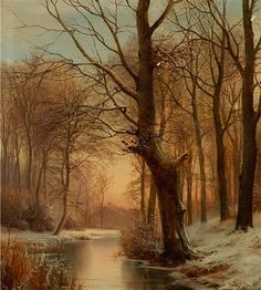 a painting of trees and water in the snow