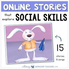 a poster with the words online stories and an image of a bunny holding a blue umbrella