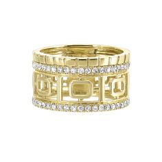 Inspired by classical designs, this impressive 14K yellow gold ring features delicately crafted openwork rectangles, adjoined by eternity bands set with diamonds. Captured in glossy gold, its harmonious measure adds to its coveted allure. Stop by your nearest IDC to marvel at the magnificent array of diamond fashion jewelry! Elegant Gold Stackable Rectangular Rings, Elegant Gold Square Cut Ring, Elegant Gold Rectangular Stackable Rings, Elegant Gold Rectangular Diamond Ring, Luxury Gold Diamond Ring With Rectangular Shape, Yellow Gold Square Cut Ring With Diamond Accents, Gold Rectangular Brilliant Cut Diamond Ring, Elegant Square Cut Yellow Gold Diamond Ring, Elegant Yellow Gold Rectangular Rings