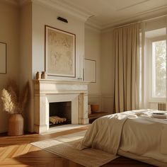 a bedroom with a fireplace and bed in it