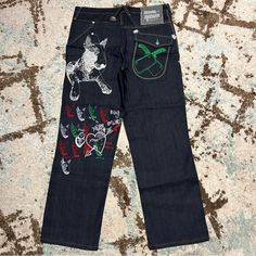 Measurements: ~36" Waist 11.5" Rise 32" Inseam 9" Leg Opening Great Condition, Look Brand New. Super Sick Embroidery And Haven't Seen These Anywhere Else Online. Artful Dodger, Embroidered Jeans, Mens Bottom, Mens Jeans, Mens Accessories, Man Shop, Outfit Accessories, Dogs, Clothes