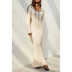 Length:52.8 Inch Bust:31.5 Inch Occasion: Casual Category: Knitwears Composition: 100% Polyester Sheer: Not Sheer Fabric: Jersey Elevate Your Style With This Stunning Ribbed Knit Maxi Dress In A Luxurious Cream Hue. Perfect For Both Casual Outings And Dressy Occasions, This Versatile Piece Features A Chic Collar And Button Detail For Added Sophistication. The Form-Fitting Silhouette Accentuates Your Curves While The Long Sleeves Provide Warmth And Comfort. Ideal For Beach Walks, Brunches, Or Eve Lean Style, Button Maxi Dress, Halloween Skirt, Maxi Bodycon Dress, Sweater Maxi Dress, Long Sweater Dress, Long Sweater, Boho Maxi Dress, Contrast Trim