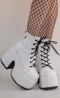 CAMEL-203 White Ankle Boots-Demonia-Tragic Beautiful Punk Festival, Demonia Boots, Demonia Shoes, Platform Boots Chunky, White Ankle Boots, Goth Punk, Chunky Platform, 5 Inch Heels, Us Man