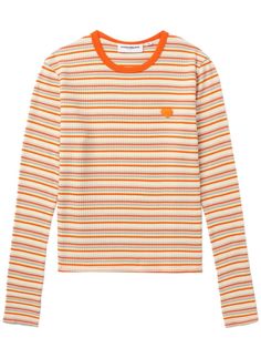 orange stretch-cotton contrasting collar horizontal stripe pattern appliqué detail heart motif long sleeves straight hem Heart Motif, 80s Outfit, Striped Long Sleeve Tee, Striped Long Sleeve Shirt, Yellow Stripes, Basic Outfits, Jersey Shirt, Striped Long Sleeve, Striped Shirt