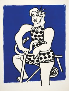 a blue and white drawing of a woman sitting on a chair with her legs crossed