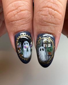 Personalized Nail Art • Est. 2 0 1 0 | 👻ghosty portraits on my fave🖼️ ••• Inspo from @that.nailplace ••• ✨Self Scheduling Button / Policies in my bio • Scheduling thru NOVEMBER… | Instagram Nail Art For November, Ghost Portrait Nails, Button Nail Art, Gremlin Nails, Nail Art Portrait, Haunted House Nails, Bride Of Frankenstein Nails, Nail Portrait, Frankenstein Nail Art