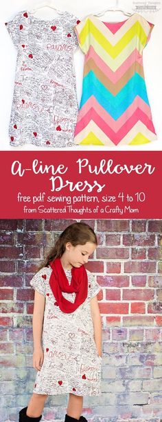 Free pdf sewing pattern for this easy to sew, A-line Pullover Knit Dress for girls, size 4 to 10. Sewing Dress, Sewing Kids Clothes, Dress Patterns Free, Free Sewing Pattern, Free Pdf Sewing Patterns