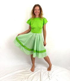 "This dress is great - full circle skirt. Great vintage shape Tag: Square Dance Dress Co. Zipper in the back Size 12 Talon zipper in the back Made in the USA 65% polyester, 35% cotton Lying flat... Armpit to armpit: 19\"  40\" top to bottom Across waist: 14\" hips free" Green Retro Dress With Full Skirt, Green Retro Full Skirt Dress, Retro Dresses With Ruffles And Full Skirt, Retro Full Skirt Dress With Gathered Detail, Retro Fitted Dress With Gathered Skirt, Square Dance Dress, Square Dance Dresses, Dancing Dress, Square Dance