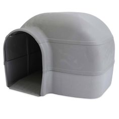 a large gray dog house with the door open on a white background for dogs to sit in