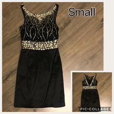 Black Cocktail Dress, With Silver Beaded/Rhinestone Bodice Elegant Beaded Homecoming Dress, Black Homecoming Dress For Holiday, Black Rhinestone Dress For Formal Occasions, Black Rhinestone Dress For Prom Season, Black Formal Dress With Rhinestones, Black Beaded Dress For Party Season, Beaded Black Dress For Prom, Black Beaded Dress For Prom, Little Red Dress