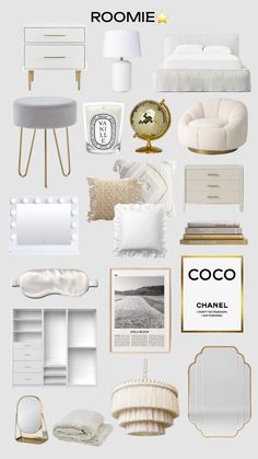 white and gold bedroom mood board with text that reads roomie, coco chandelier