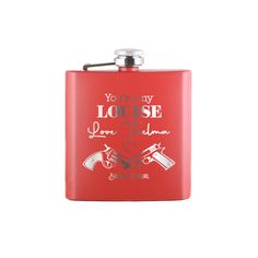 a red flask with two swords on it and the name kevin written in white