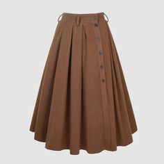 "pleated-detail buttoned wool skirt A-line wool skirt Linennaive's timeless, minimalist pieces are the perfect building blocks for curating your own capsule wardrobe.  This skirt embodies effortless and timeless elegance.  Tailored from soft wool, it has a timeless A-line silhouette. Presented in a vintage brown and check pattern, the piece has fabric-covered buttons at the front that add to its sophistication. Elegant pleats create a dynamic, feminine look. The high-waisted design features front button detailing, you can wear it with a belt, perfect for sophisticated casual wear. This wool skirt is made for you. We know it, you know it, the skirt knows it. 【Fabric】 wool, fully lined 【Length】 36-37 inches.  【Size】 *SIZE XS  waist: 26\"/ 66 cm *SIZE S  waist: 27\"/ 70 cm *SIZE M  waist: 29/ Fall A-line Skirt With Buttons, Elegant Brown Skirt With Buttons, Brown Knee-length Skirt With Button Closure, Brown Buttoned Skirt For Winter, Elegant Fall Skirt With Buttons, Elegant Winter Skirt With Button Closure, A-line Skirt With Buttons For Work, Elegant Winter Bottoms With Buttons, High-waist Brown Skirt With Button Closure