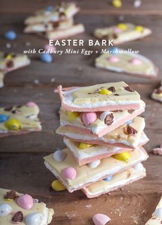 easter bark with caddy mini eggs and marshmallows on a wooden table