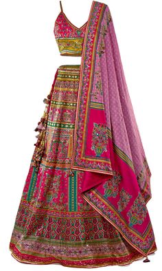 This 4 piece deep pink, multi-color lehenga is a whole vibe! The fabric is a soft banasari silk and the entire lehenga has beautiful, delicate, embroidery. The set comes with a belt that you can simple wear around your waist as an accessory or wrap your shawl in place with. With it's vibrant colors, this lehenga is all about slaying weddings and all Indian festivities! Silk Tilla Dupatta For Designer Wear, Pink Embroidered Fabric For Navratri With Traditional Drape, Pink Silk Bohemian Sets, Pink Resham Embroidery Sets For Traditional Ceremonies, Pink Embroidered Fabric For Navratri, Designer Pink Lehenga With Cutdana, Designer Pink Lehenga With Cutdana Detail, Designer Chanderi Lehenga With Tilla Embroidery, Designer Raw Silk Choli With Tilla