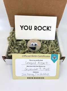 a stuffed animal in a box with a sign that says you rock