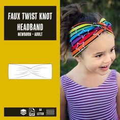 "Faux twist knot headband Baby-Adult size PDF sewing pattern, instant download, tutorial Make pretty headbands with a fun twist for yourself and your kids Options to make wide or narrow headbands (hårband eller pannband) Tutorials with illustations included, in both Swedish and English Measure your head circumference, and make the size that matches your measurements the best!  Sizes 36-60 (Baby - adult) This PDF-pattern includes: *A4 pattern file *US letter pattern file *PDF files with illustrat Pretty Headbands, Knotted Baby Headband, Kids Sun Hat, Headband Tutorial, Hat Tutorial, Star Headband, Bandana Baby, Top Knot Headbands, Headband Pattern