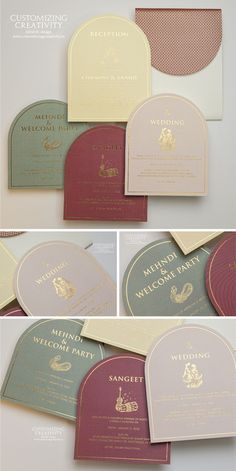 four different types of wedding cards with gold and red details on the front, back and side