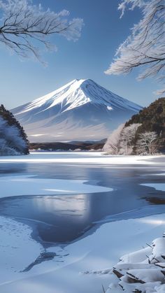 the snow covered mountain is in the distance