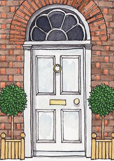 a drawing of a white door with two potted plants on either side and a brick wall behind it