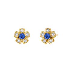 18-karat yellow gold Gemstone centers 0.35-0.40 carat approx. Diamonds 0.30 carat approx. Post backs for pierced ears Length 0.4 inch / Width 0.4 inch approx. Yellow Gold Flower Earrings With Prong Setting, Yellow Gold Round Flower Earrings With Prong Setting, Classic Yellow Gold Flower Earrings For Formal Occasions, Diamond Flower Yellow Gold Earrings, Yellow Gold Flower Earrings With Brilliant Cut, Yellow Gold Round Flower Earrings For Anniversary, Flower Shaped Diamond Earrings In Yellow Gold, 14k Yellow Gold Round Flower Earrings, Yellow Gold 14k Round Flower Earrings