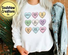 Single Candy Hearts Sweater Valentine Sweatshirt, Heart Sweatshirt, Valentine Shirt, Gift Valentine, Converse With Heart, Heart Shirt, Valentines Day Shirts, Heart Candy, Valentines Shirt