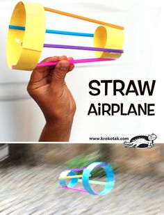 a hand holding up two different colored straws with the words straw airplane above it