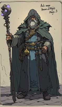 an old man with a long beard wearing a cloak and holding a staff in his hand