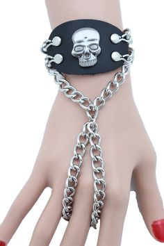 Biker Style Punk Rock Fashion Bracelet Style : Goth bold fashion / Slave bracelet style Condition : Brand New Color : Silver metal chain and charm + black faux leather fabric Size: One Size - Adjustable with extension chain Ring Size: One Size Fits All Adjustable Punk Bracelets For Biker Events, Rock Style Metal Jewelry For Alternative Fashion, Black Rock Style Jewelry For Halloween, Rock Style Jewelry For Halloween And Alternative Fashion, Black Metal Punk Bracelets, Edgy Adjustable Metal Chain Bracelet, Adjustable Edgy Metal Chain Bracelet, Black Rock Style Jewelry For Streetwear, Rock Style Black Jewelry For Streetwear