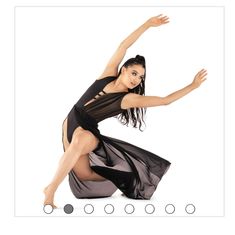 a woman in a black dress is doing a dance pose with her arms outstretched and legs spread out