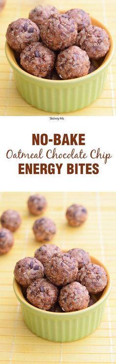 no - bake oatmeal chocolate chip energy bites in a green bowl