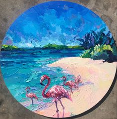 a painting of pink flamingos on the beach