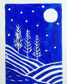 a blue and white tile with trees in the snow at night, on a white background