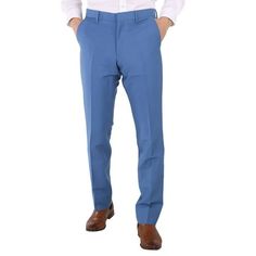 Burberry Men's Bottoms. Fashion category: Pants & Leggings. SKU: 8023725. Color: Steel Blue. Burberry Steel Blue Mohair Wool Classic Fit Tailored Trousers. This tailored trouser is crafted in Italian-woven mohair wool and features a flat front, concealed hook-and-bar, button and zip fly closure, regular rise, side slip pockets, back button-through welt pockets and a classic fit. Materials - Outer: 60% mohair, 40% wool. Lining: 100% viscose. Made in Italy. Size: 31.1.  Color: Multicolor.  Gender: Fitted Blue Pants, Fitted Blue Dress Pants With Pockets, Slim Fit Blue Bottoms With Welt Pockets, Fitted Blue Straight Pants, Fitted Blue Straight Bottoms, Fitted Blue Cotton Dress Pants, Tailored Blue Pants With Flat Front, Fitted Blue Chinos With Straight Leg, Fitted Blue Work Pants With Straight Leg