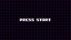 the words press start are displayed in front of a black background with purple and white squares