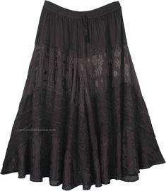 Black Embroidered Western Style Midi Length Skirt | Black | Crochet-Clothing, Patchwork, Embroidered, Junior-Petite, Misses, Tiered-Skirt, Solid Fitted Peasant Style Festival Skirt, Fitted Peasant Skirt For Festival, Black Bohemian Skirt With Ruffles, Black Bohemian Maxi Skirt For Festival, Bohemian Black Maxi Skirt For Festival, Black Bohemian Maxi Skirt With Gathered Detail, Black Bohemian Gathered Maxi Skirt, Fitted Peasant Tiered Skirt Bottoms, Traditional Black Flowy Skirt