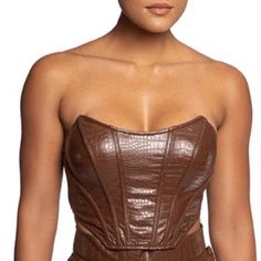 New With Tags. Never Worn. Brown Faux Croc Leather Bustier. Has Hook And Eye Closure In The Back Can Be Adjusted To Be Tighter/Looser. Cropped Fit. Leather Crop Top, Leather Bustier, Croc Leather, Leather Corset, Winter Trends, Silicone Gel, Club Style, Romper Pants, Dream Clothes