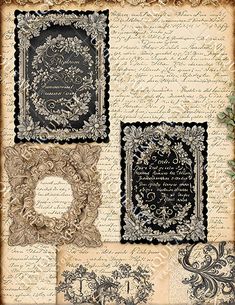 an old fashioned paper with some writing on it, and two frames in the middle