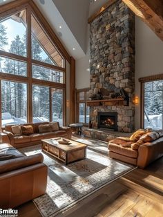 a living room filled with lots of furniture and a fire place in the middle of it