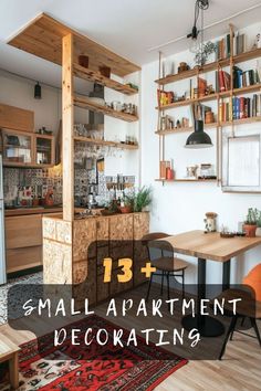 small apartment decorating with bookshelves and wooden shelves on the wall, dining room table