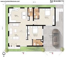 the floor plan for a two bedroom apartment with an attached garage and living room area