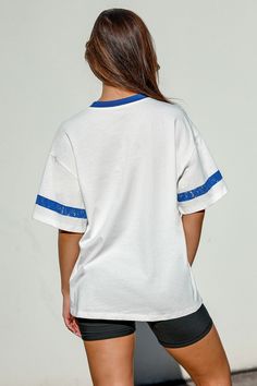 Upgrade your casual collection with our White & Blue Round Neck Short Sleeve Boston Tee. This versatile tee is perfect for any laid-back day, featuring a classic design with a modern twist. Product code: CAA04C4E013CT Features:  Knit Round neckline Short sleeves Pattern: Faux Texture Wash Method: Regular Wash Material: 100%COTTON. College Style Relaxed Fit Short Sleeve T-shirt, Sporty Short Sleeve Tops For College, Blue Short Sleeve College Style Top, Blue College Style T-shirt For Streetwear, Blue Cotton College Style Tops, Blue Cotton Tops For College, Blue Casual Crew Neck Short Sleeve Top, Blue Graphic Print Top, Sporty Short Sleeve Loungewear Top