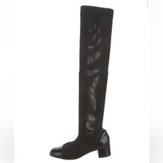 Circumference: 10.25" Shaft: 21" Heels: 1.75" Christian Louboutin Over-The-Knee Sock Boots Black Patent Leather Trim Square-Toes Block Heels Designer Black Knee-high Heeled Boots, Luxury Black Knee-high Heeled Boots, Black Luxury Knee-high Boots For Fall, Luxury Black Knee-high Boots For Fall, Designer Black Knee-high Boots For Fall, Modern Black Fitted Knee-high Boots, Modern Fitted Black Knee-high Boots, Luxury Black Heeled Boots With Rubber Heel Cap, Designer Fitted Black Knee-high Boots