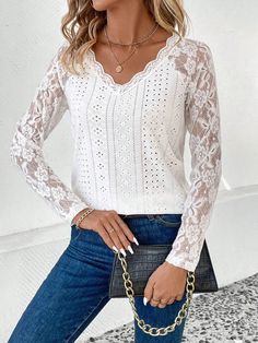 Women's 2024 Lace Shirt V-Neck Lace Long Sleeve Hollow Out White Shirt Tee Stretch Long Sleeve Lace Top, White V-neck Long Sleeve Top For Fall, Stretch Lace Long Sleeve Top, Fall Stretch Lace Top, Stretch Lace Top For Fall, Stretch V-neck Shirt For Spring, White Stretch V-neck Shirt, Non-stretch White Tops For Fall, Stretch Casual Long Sleeve Lace Top