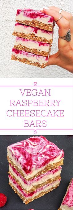 vegan raspberry cheesecake bars are stacked on top of each other with gold and pink icing