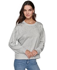 in stock Embellished Casual Fall Sweatshirt, Embellished Casual Sweatshirt For Fall, Casual Embellished Fall Sweatshirt, Casual Embellished Long Sleeve Sweatshirt, Casual Long Sleeve Embellished Sweatshirt, Casual Embellished Fall Tops, Casual Embellished Tops For Fall, Fall Denim, Paris Woman