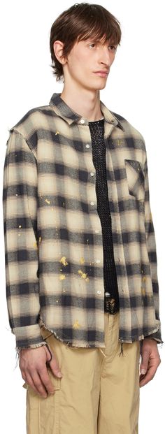 Cotton flannel shirt. Jacquard plaid pattern, frayed edges, and gold-tone paint-splatter effect throughout. · Spread collar · Button closure · Patch pocket · Droptail hem · Dropped shoulders · Single-button barrel cuffs Supplier color: Black/White ombre Distressed Button-up Shirt For Fall, Distressed Long Sleeve Shirt For Fall, Shredded Shirt, White Ombre, Paint Splatter, Cotton Flannel, Plaid Pattern, Flannel Shirt, Role Models