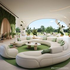 a living room filled with lots of white furniture and green carpeted flooring next to large windows